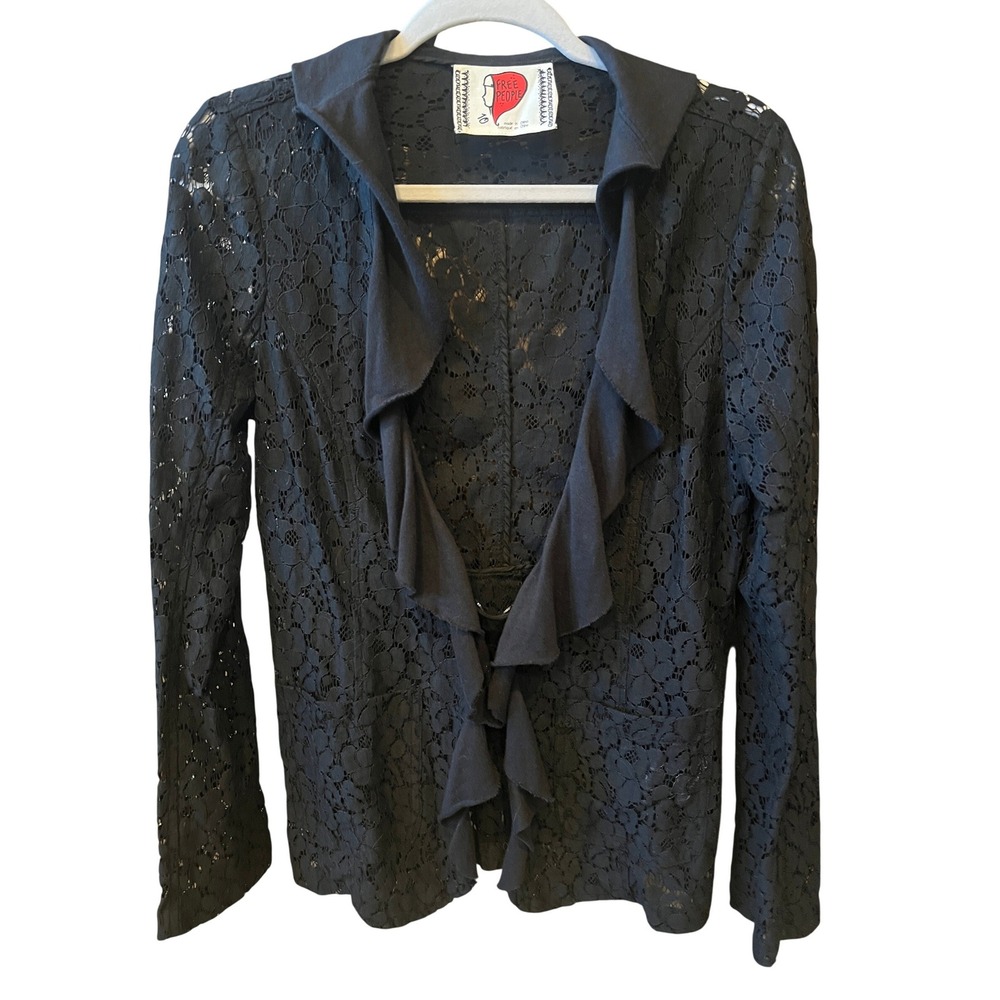 Free‎ People Black Floral Lace Victorian Goth Ruffle Blazer Jacket Sz 10 Boho